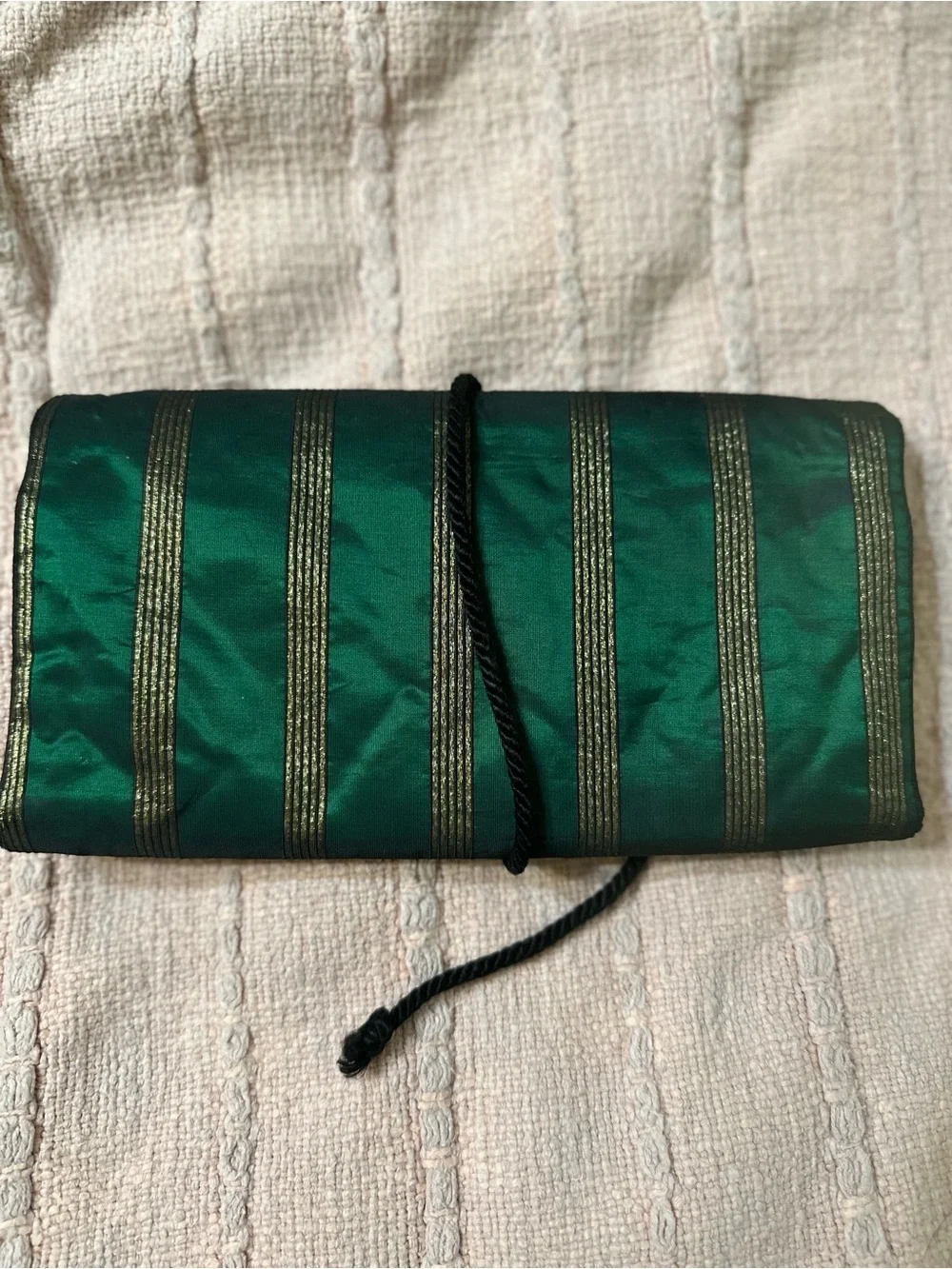 Vintage Christian Dior green and Gold Striped Satin Jewelry travel pouch.